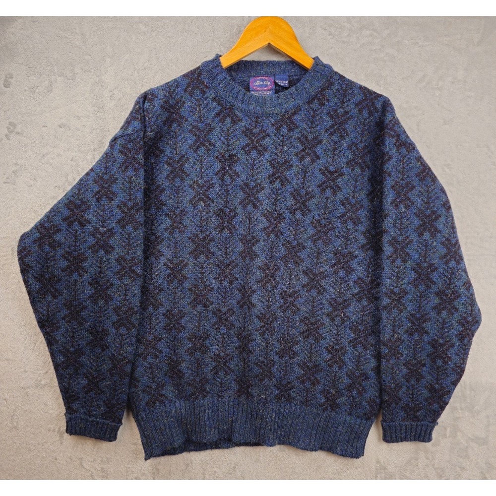 Vintage‎ Allen Solly Wool Mohair Snowflakes Geometric Blue Sweater Scotland Made